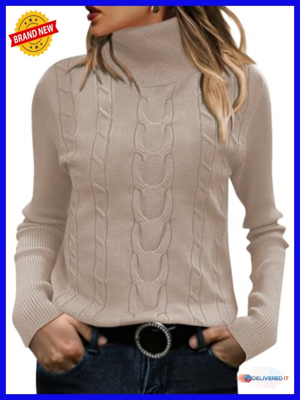 Women's Cable Knit Turtleneck Sweater Long Sleeve Cozy Pullover